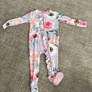 Posh Peanut Footie Ruffled Zipper One Piece Pajamas in French Grey Floral